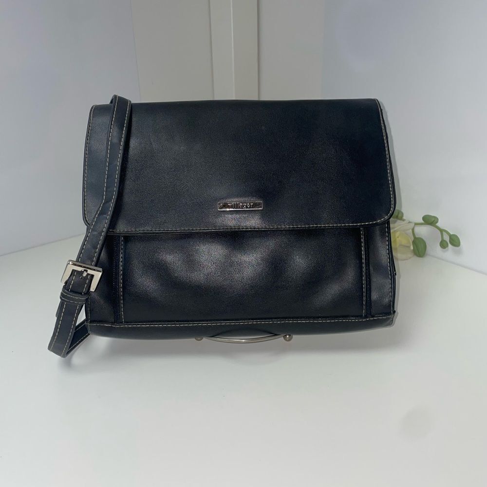 Villager Black Leather Organizer Messenger Bag